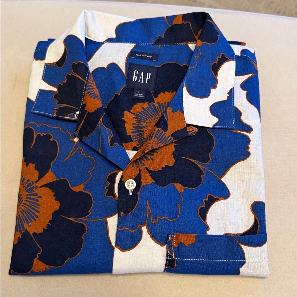 Gap Linen Blend Short Sleeve Button Down Shirt Men's L Blue Orange Floral Vacati - Picture 12 of 12
